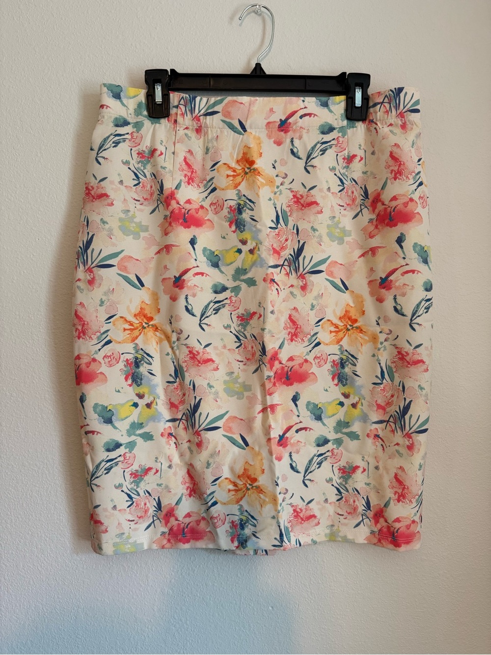 “Skies Are Blue” Floral Pencil Skirt in Ivory with Coral, Yellow, and Teal